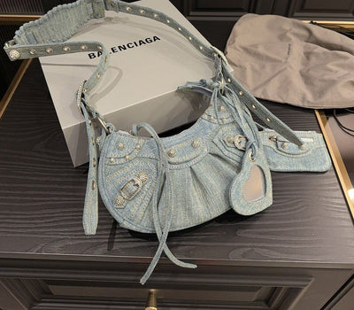 B* rhinestone denim shipping bag