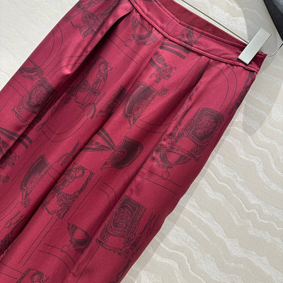 Hermes* 24SS Bordeaux Chain Print 100% Silk Straight Wide Leg Pants 1:1 VIP