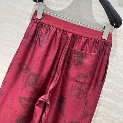 Hermes* 24SS Bordeaux Chain Print 100% Silk Straight Wide Leg Pants 1:1 VIP