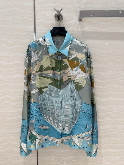 Hermè* 24SS Cruise Print Silk Shirt 1:1 VIP 11