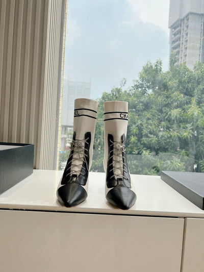 Chan*** 2025 new high quality VIP1:1 autumn and winter British style Chanel elastic knitted short boots