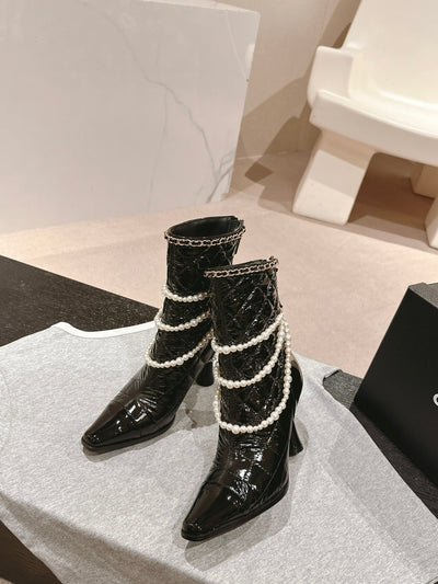 Chan**2025 new VIP1:1 pearl chain thick heel boots